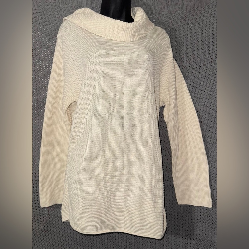 Margaret Winters Cream Waffle Knit Cowl Neck Knit Tunic Sweater Small
